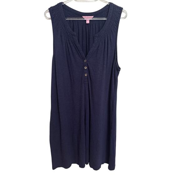Lilly Puliter Essie Dress Navy Blue Gold Buttons Sleeveless Tank Size XL - Picture 1 of 8